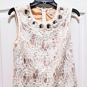 Liliana Womens Ivory Sleeveless Lace Textured Jeweled Neckline Back Zip Dress